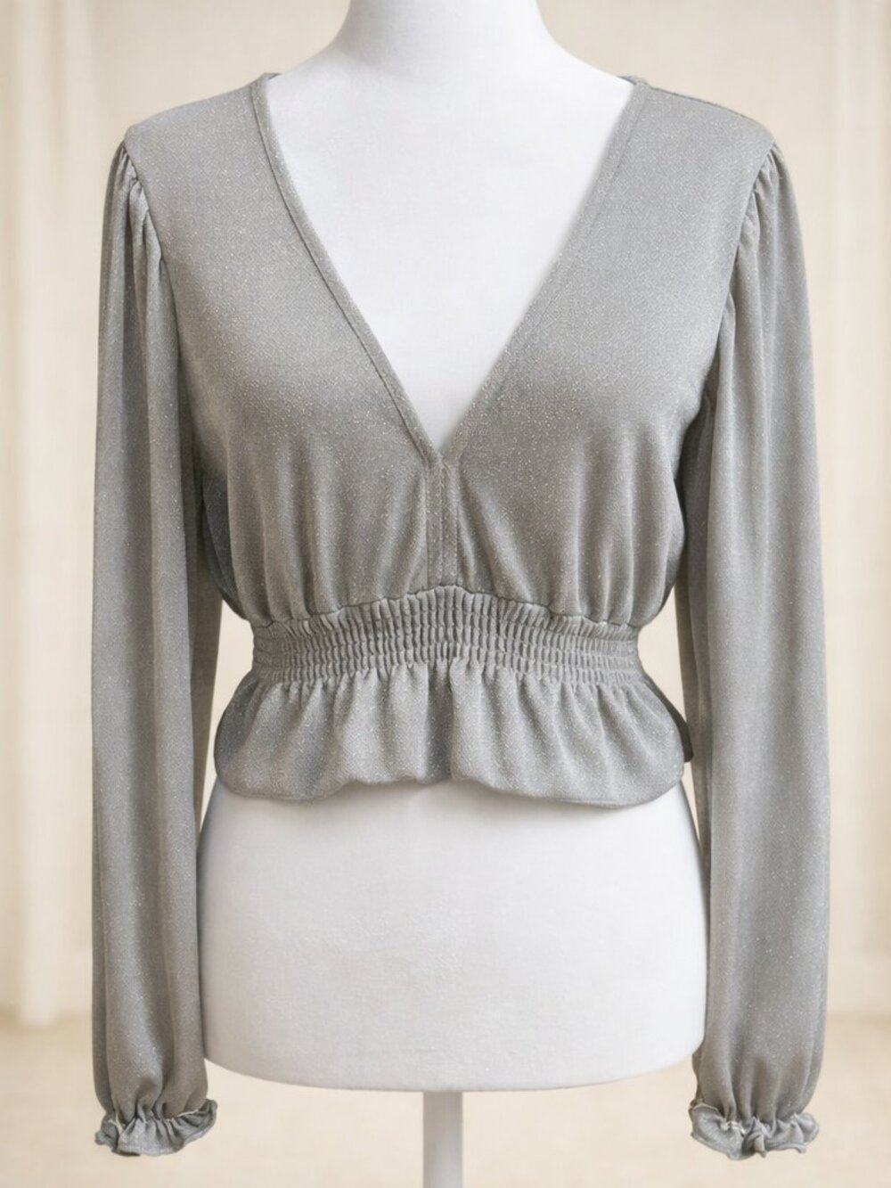 Pull & Bear Metallic Silver Shimmer Top Night‑Out Glam Long Sleeve Crop Top